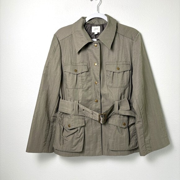 J. Jill Jackets & Blazers - J Jill Cargo Utility Jacket Petite L LP Green Nylon Snap Safari Trench Belt Coat
